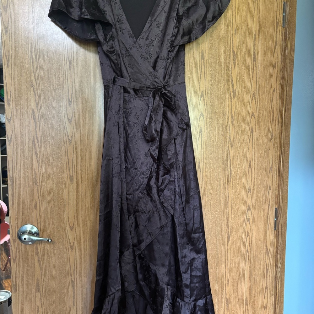 Francesca's Collections Dark Brown Floral Jacquard Wrap Maxi Dress